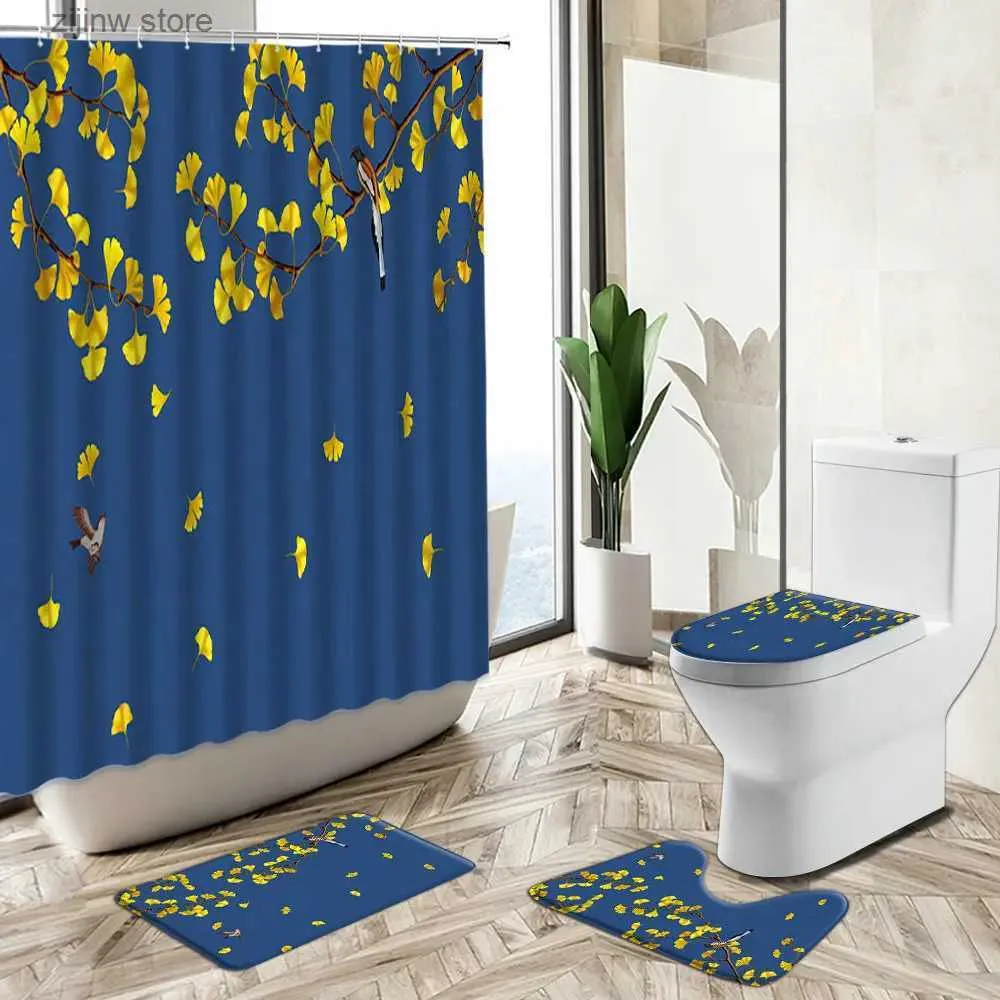 Shower Curtains Chinese Shower Curtains Leafs Branch Flower Bird Design Bathroom Modern Elegant Art Non-Slip Carpet Toilet Cover Floor Mat Sets Y240316