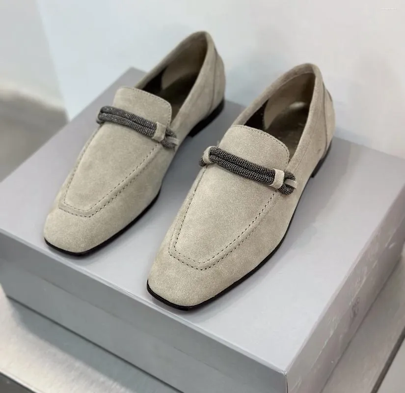 Chaussures décontractées B mocassins plats en daim pour femmes, chaînes de perles, bout rond, cuir véritable, doux à enfiler, vêtements d'extérieur pour femmes