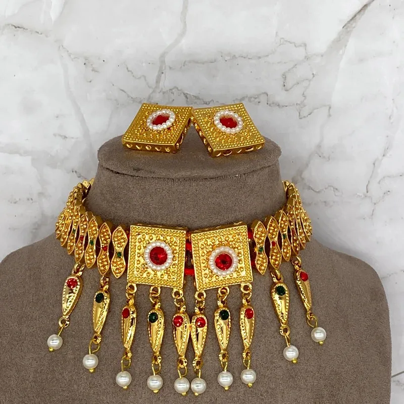 Dubai Jewelry Sets for Women Saudi Arabia Colored Stone Chokers 24k Habesha Necklace Earrings Rope African Wedding Eritrean Gift 240307