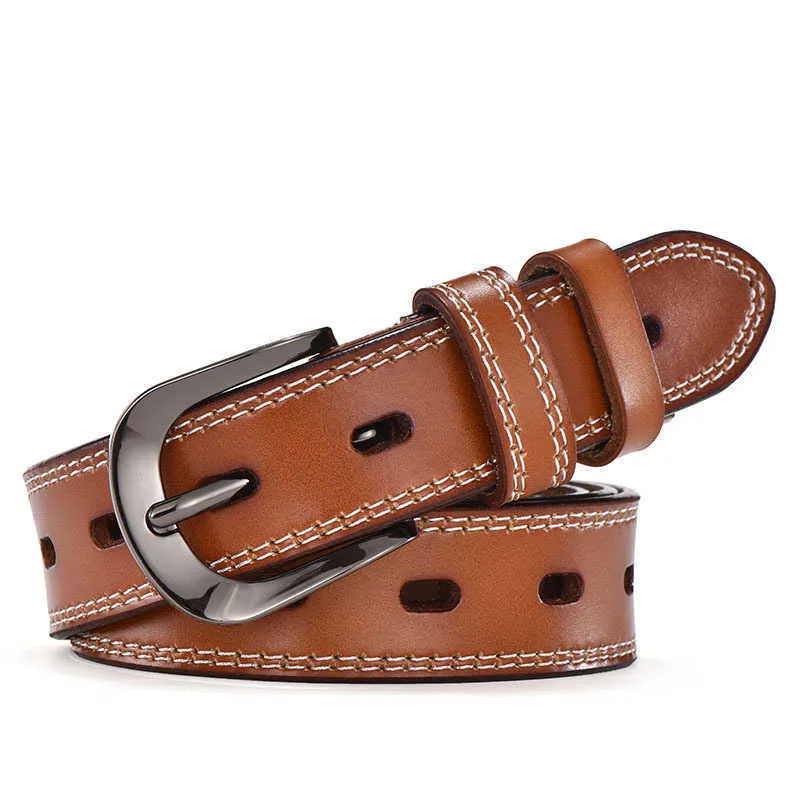 Women's leather belt with hollow pin buckle, women's belt body with punched cow leather belt 240315