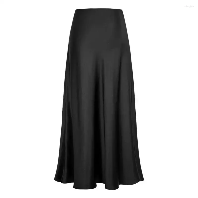Jupes élégantes jupe imprimée fausse soie satin pour femmes taille haute a-ligne bureau dame couleur unie brillant coréen