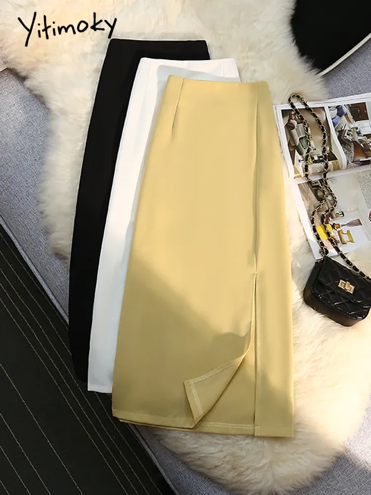 Dresses Yitimoky Office Ladies Suits Skirts 2022 Spring Summer Side Split High Quality White Black Yellow Korean Fashion Work Midi Skirt