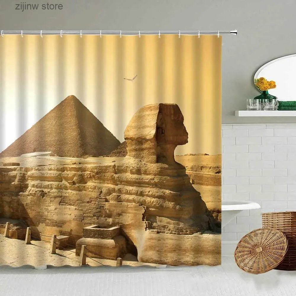 Shower Curtains Ancient Egyptian Pyramids Shower Curtain Desert Camel Famous Architectural Attractions Bathroom Waterproof Cloth Screen Washable Y240316