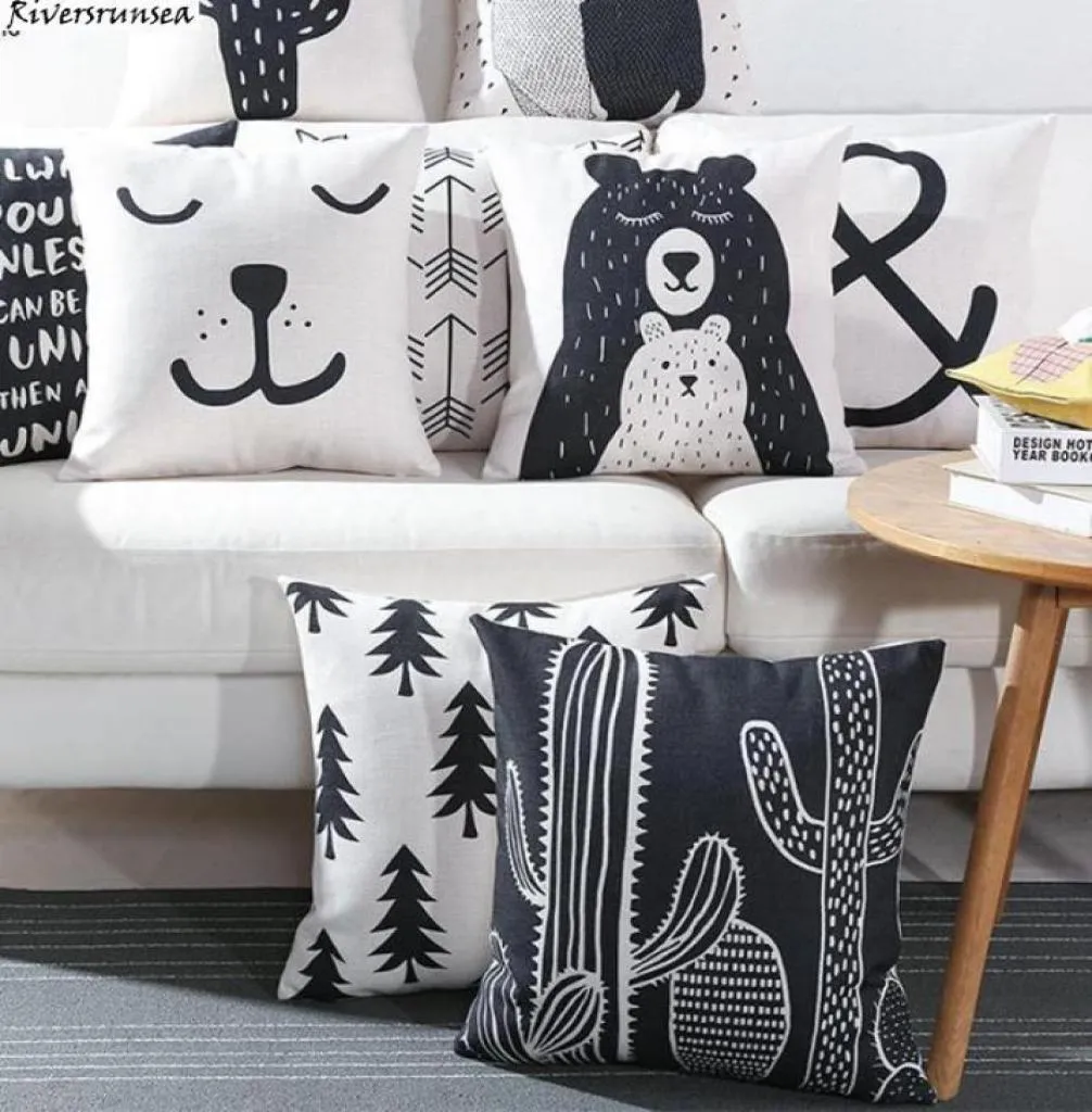 Black and White Cute Bear Cushion Cover Lovely Cartoon Animal Cactus Plant Geometric Pillow Case Nordic Style for Home Chair2806593