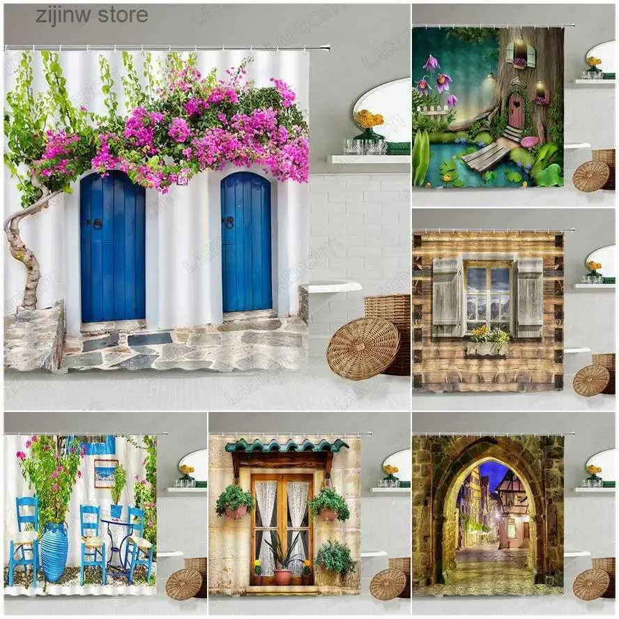 Duschvorhänge, blaue Tür, Blumen, Duschvorhang, Vintage-Holzfenster, Blumenpflanze, Bogen, Straßenlandschaft, Zuhause, Wandbehang, Badezimmervorhänge, Dekor, Y240316