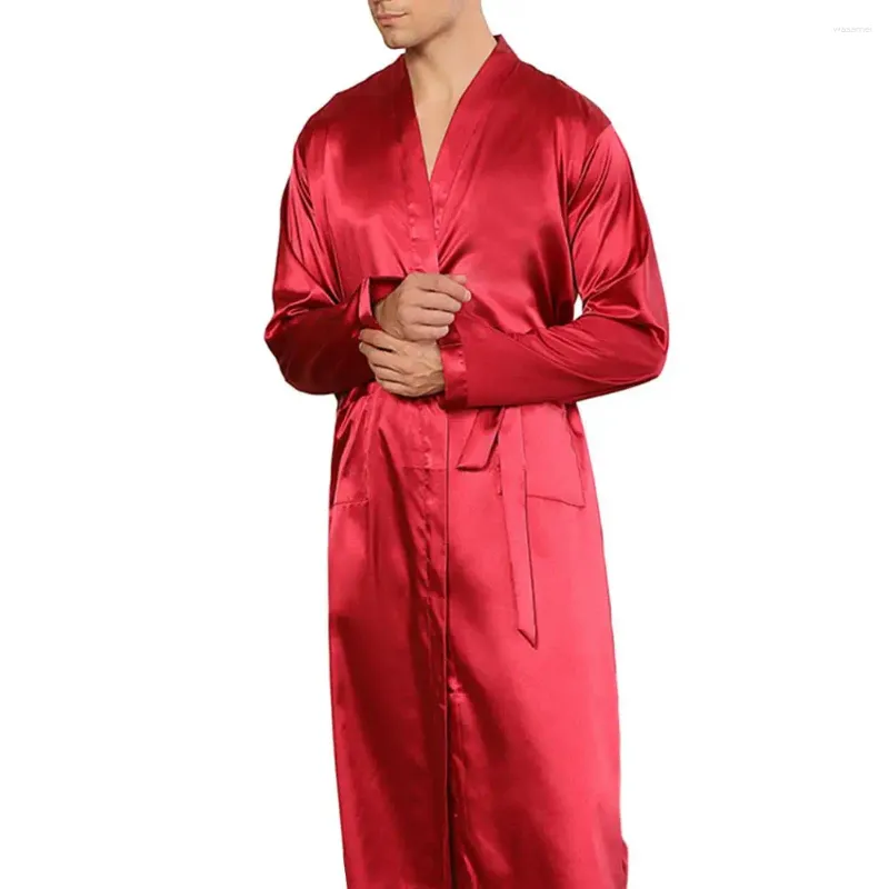 Męska odzież snu Męskie szlafrok gładki satynowy v szyja koronkowy z paskiem pasa z długim rękawem