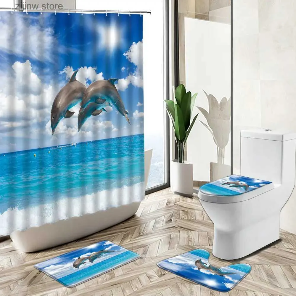 Duschgardiner Dolphin Animal Shower Curtain Tropical Fish Blue Ocean World Design Badrum Dekor Icke-halk Rug Toalettlock lock Badmatta Set Y240316