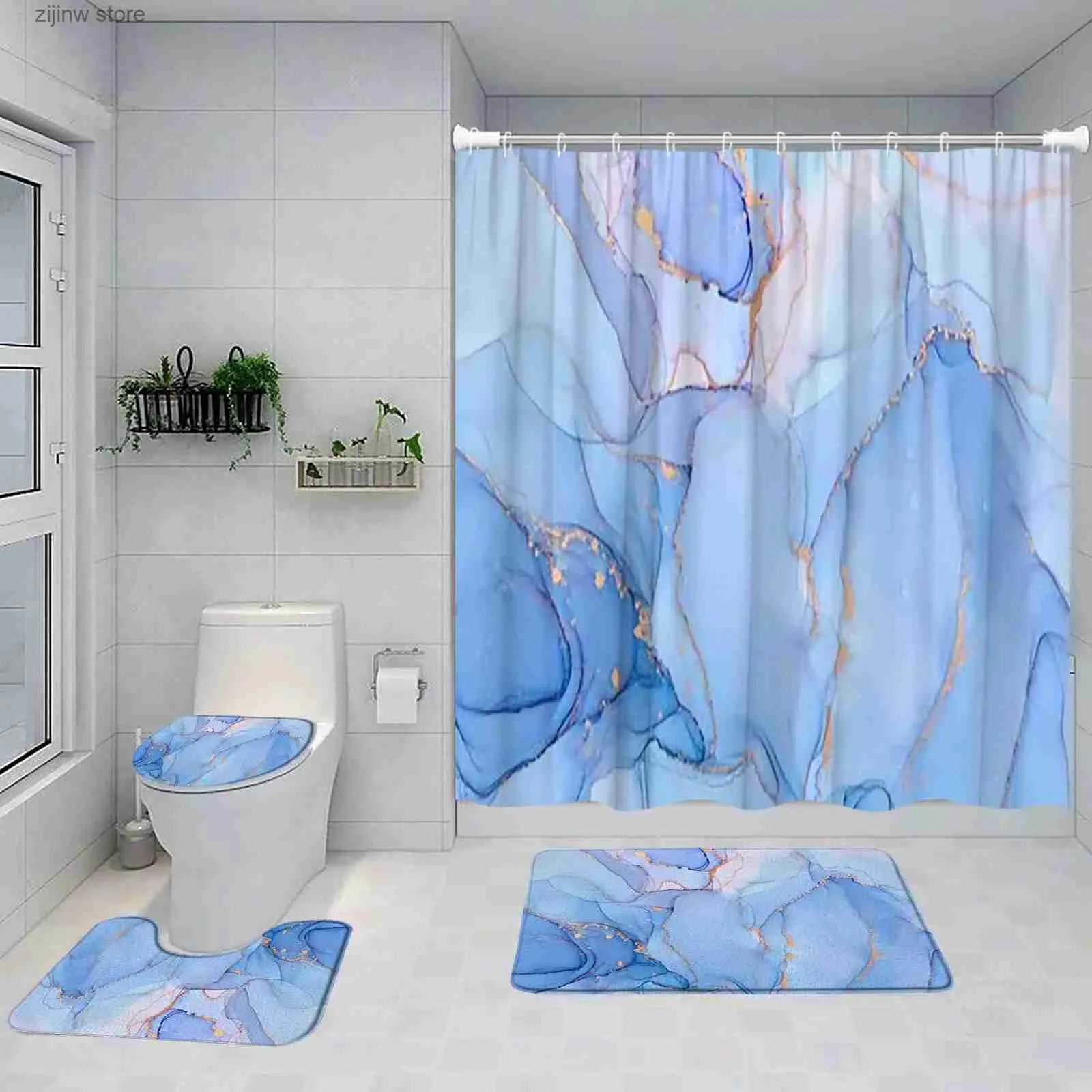 シャワーカーテンブルーマーブルシャワーカーテンセットアート抽象塗装モダンバスルーム装飾バスマットペデスタルラグノンスリップカーペットトイレの蓋カバーY240316