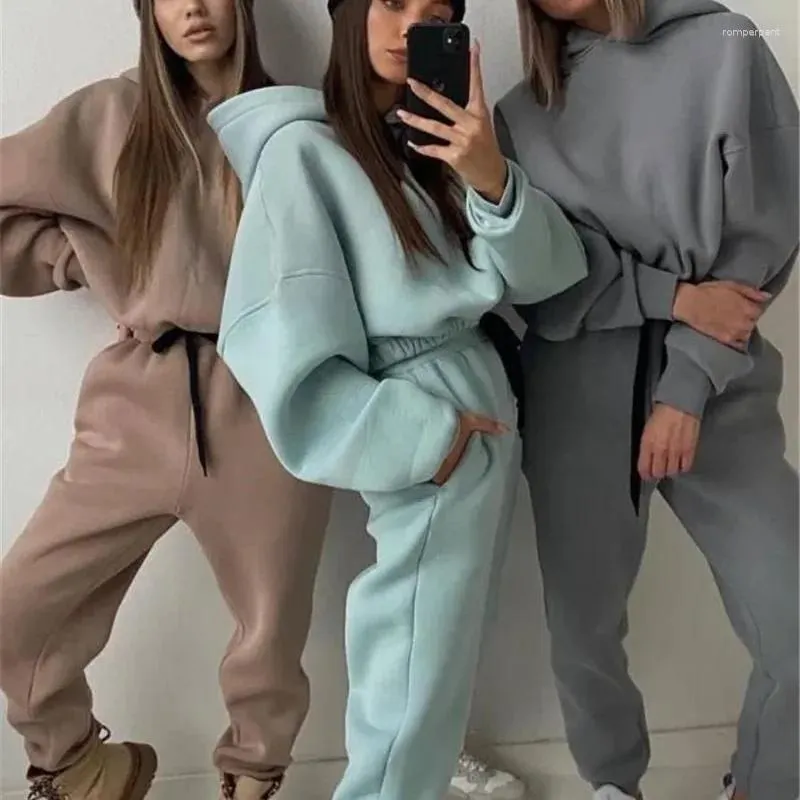 Women's Two Piece Pants LKSK Spring And Autumn Solid Color Casual Sports Wear Wool 2-piece Set Hooded Sweatshirt Pullover Sweatpants