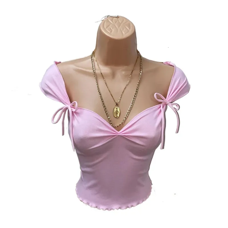 Xingqing Pink Crop Tops for Women Summer Slim Fit Short Sleeve Low Cut Tie Up Skinny T-shirt y2k 2000s Kawaii Clothes Streetwear 240311