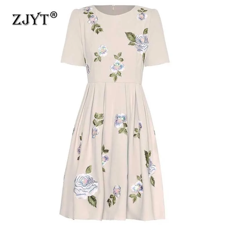 Basic Casual Dresses ZJYT Ruy Summer 2024 Fashion Floral Embroidery Womens Dress Short Sle Vestidos Casual Aline Knee Length Holiday DressC24315