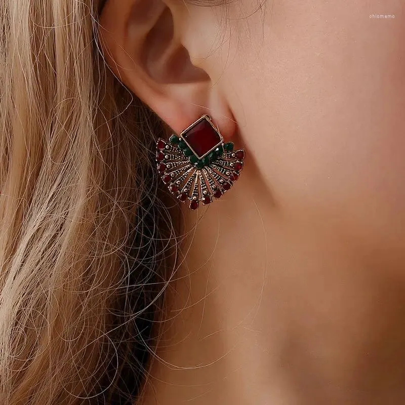 Stud Earrings Women Fashion Ethnic Bohemia Gem-Stone For Red Crystal Wedding Sector Fan Shaped Jewelry