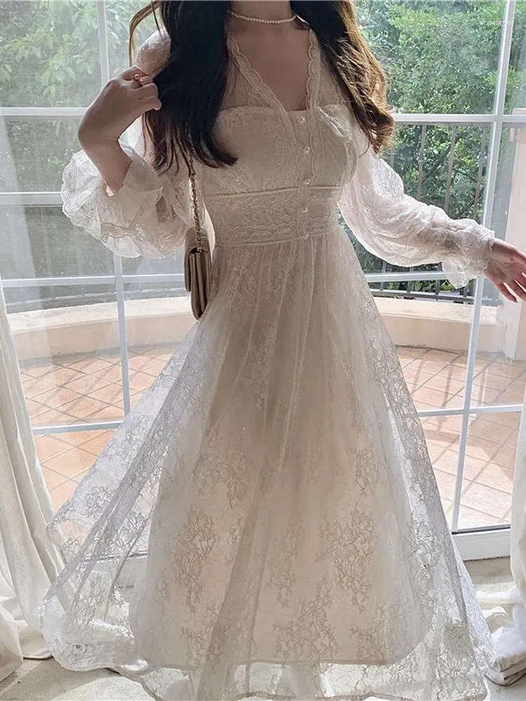 Casual Dresses White Long Women Vintage Lace Dress Female Elegant Wedding Evening Ladies Sleeve V Neck Prom Vestidos