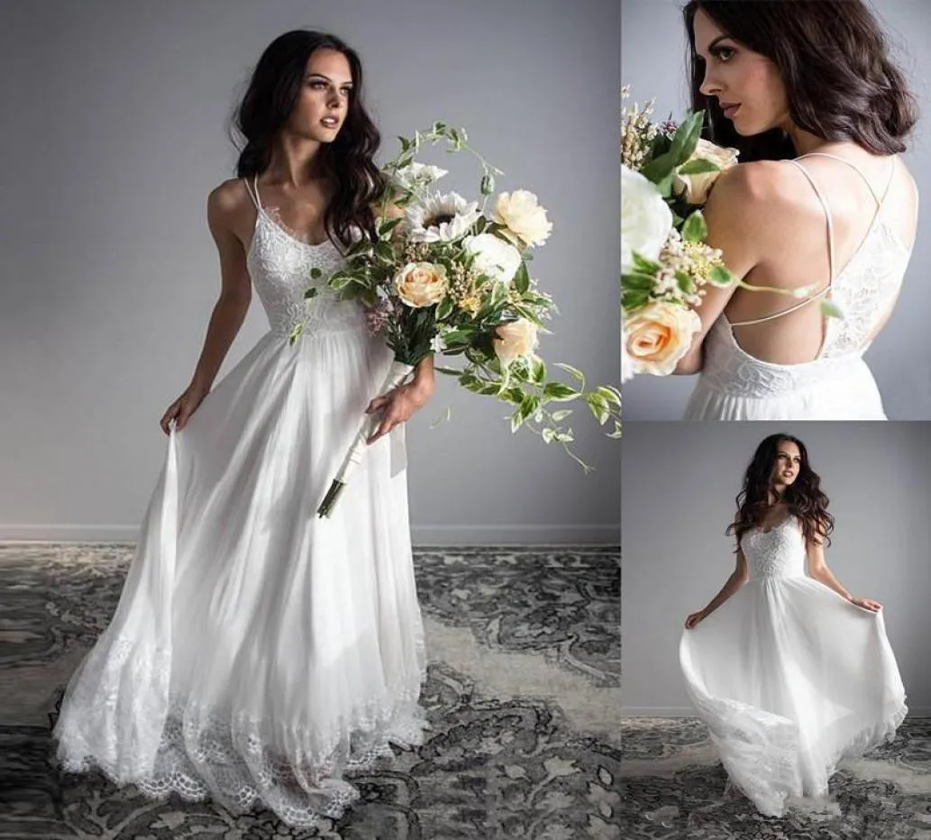 2019 koronkowe sukienki ślubne Paski Spaghetti Szyffon boho sukienki ślubne Długość podłogi Plus Size Wedding Gowns