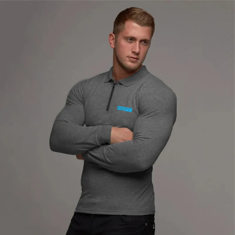 Gym Fashion Breathable Zipper Polo Shirt Mens Clothing Workout Casual Shirts Sports Long Sleeve Bodybuilding Mens s 240301