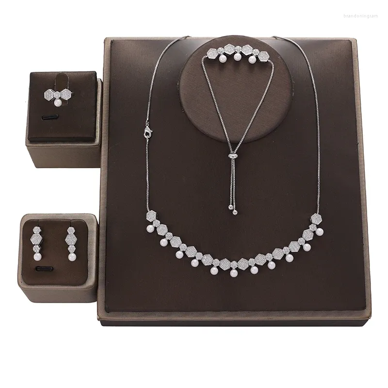 Colar brincos conjunto de jóias hadiyana delicado pérola pulseira anel alta qualidade zircão casamento nupcial cn3356 acessórios