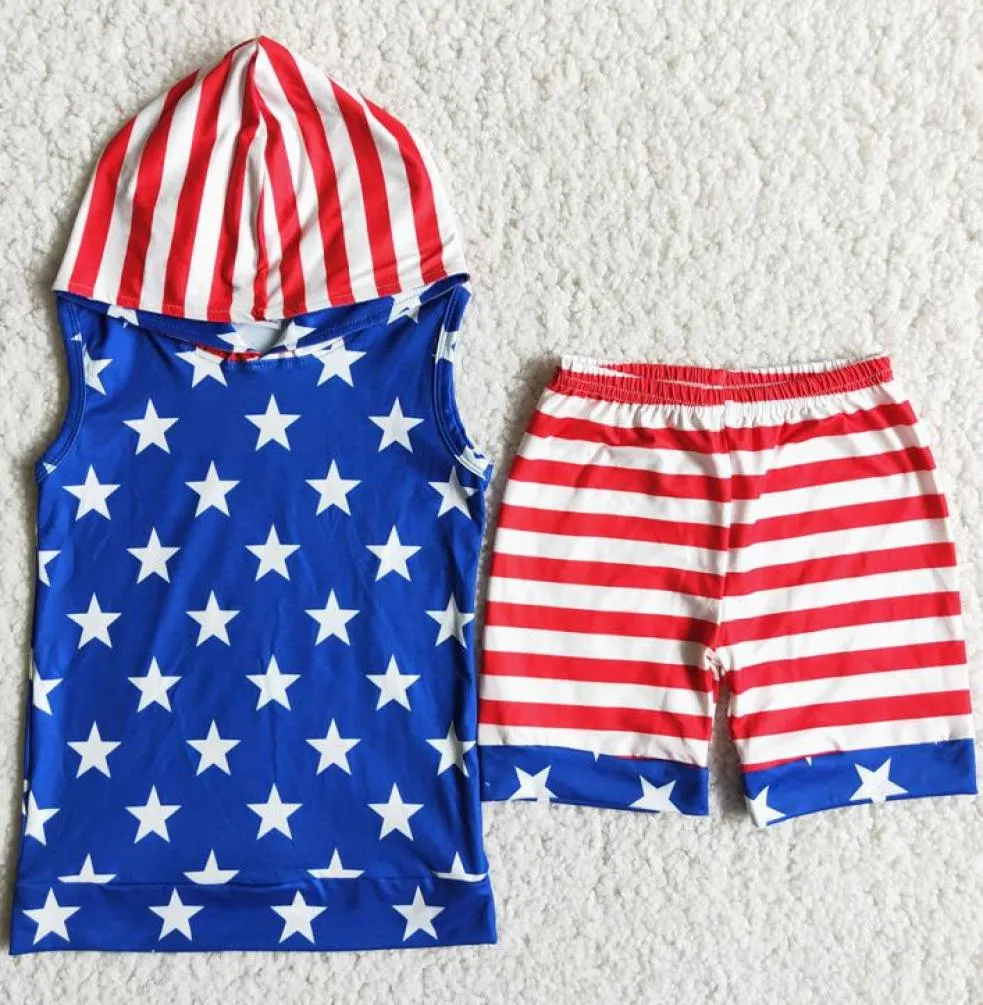 Enfants Designer Vêtements Garçons Ensembles 4 Juillet Mode D'été Enfant Bébé Garçon Vêtements À Capuche Ensemble Star Print Shorts Independence Day Kid 7222466