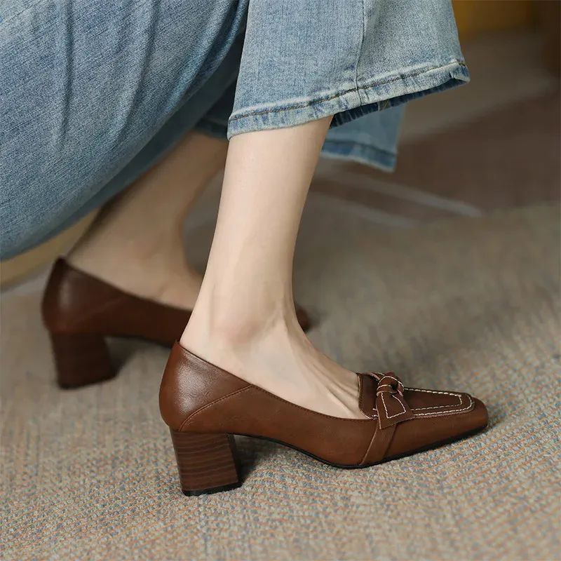 Boots Fashion French Retro Midheel Leather Shoes Women's 2022 Spring Autumn New One Pedal Bow Thick Heel Square Toe High Heels 3440