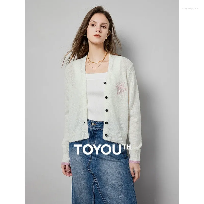 Kvinnors stickor Toyouth Women Cardigan Sweater 2024 Spring Flower Brodery Mönster Single Breasted Button V Neck White Knitwear Fashion Tops