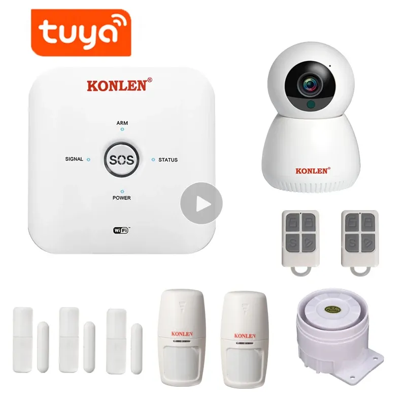 キットKonlen Tuya Smart Life Mini WiFi GSM Home Security Alarm System Wireless with IPビデオカメラAlexa Google Home Voice Control