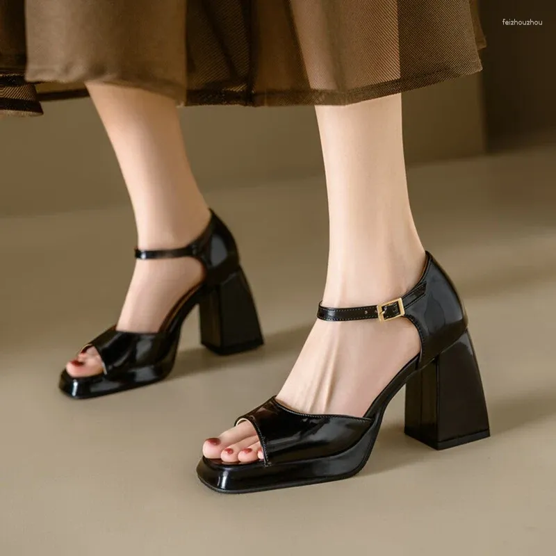 Elegant Square Heel Sandals: Womens Peep Toe Shoes Chic Patent