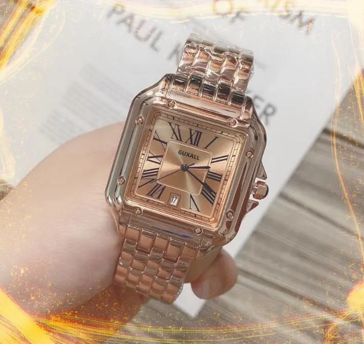 Super qualidade quadrado romano tanque dial relógios de luxo pulseira de couro aço inoxidável data automática movimento quartzo diário à prova dwaterproof água relógio calendário legal presentes