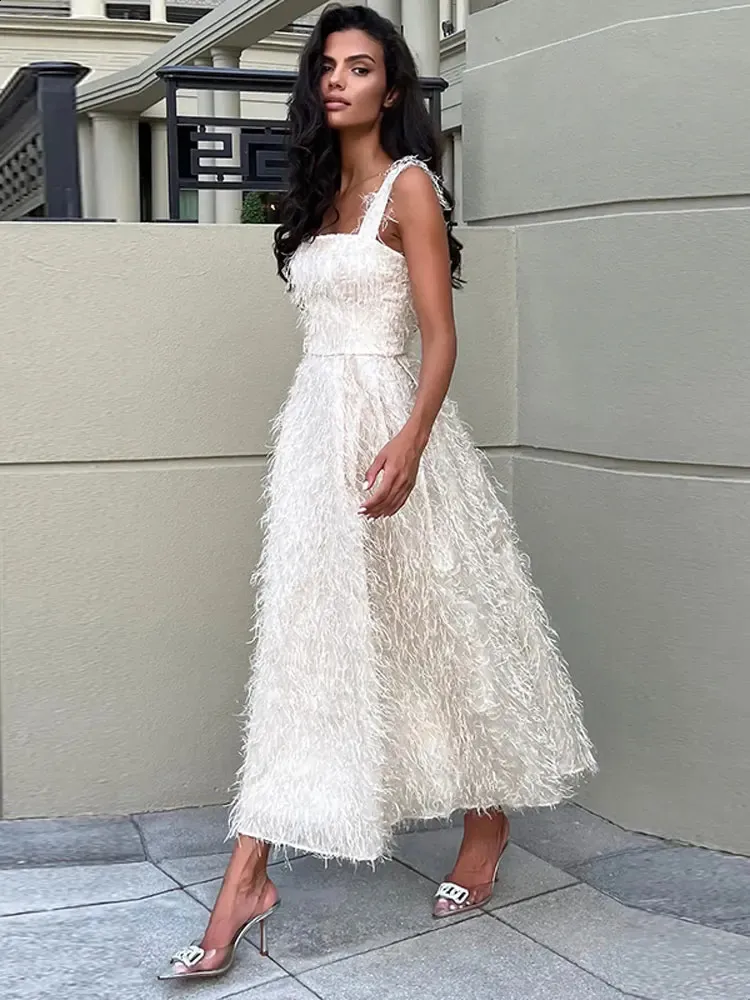 White Feather Backless Midi Dress for Women Sleeveless V-Neck Empire Waist  Summer Polyester Dress from Dhgate Basic & Casual Dresses - price 58.68