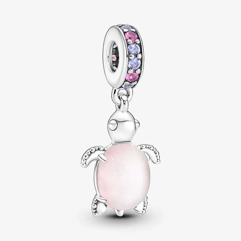 Murano Glass Pink Sea Turtle Dangle Charm Pandoras 100 ٪ 925 Sterling Silver Charms مجموعة سوار صنع سحر مصمم سحر قلادة قلادة أصلية مربع أعلى جودة