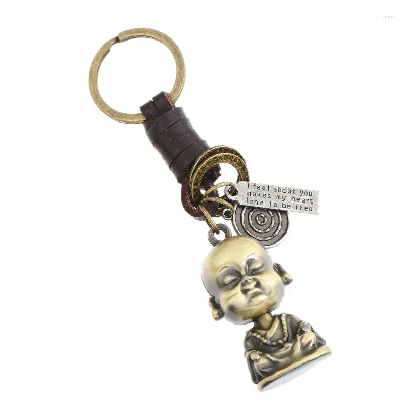 Chaveiros Vintage Moda Liga Carro Chaveiro Bronze Monge Pingentes Buda Estátua Chaveiro Trança Chaveiro De Couro Para Saco Retro Jóias Presente