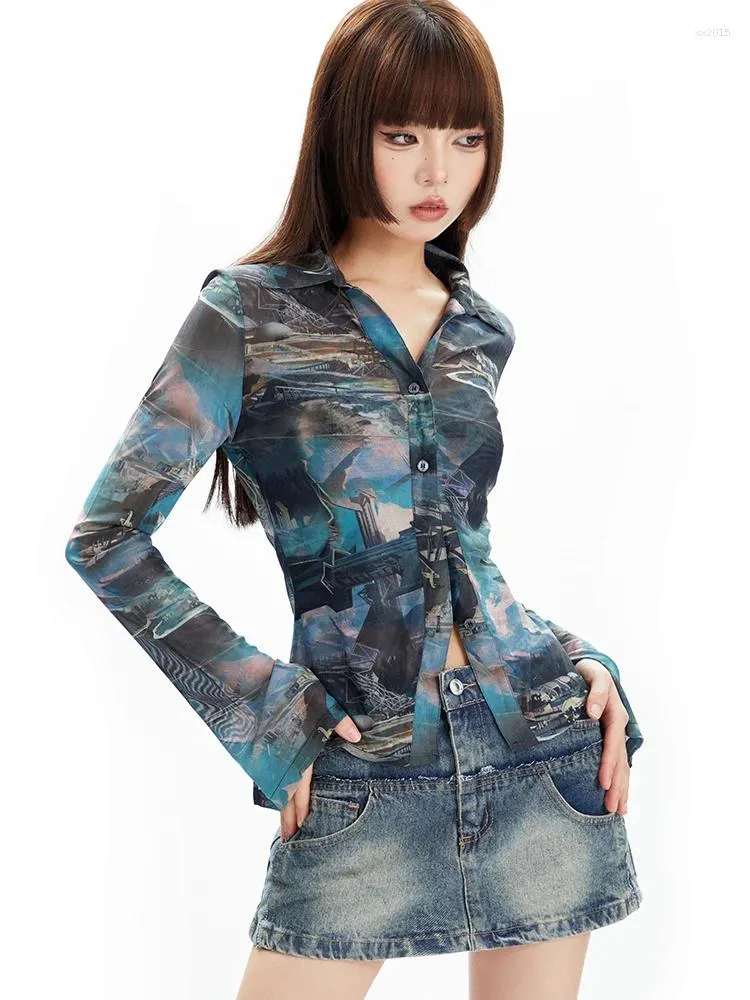 여자 재킷 긴 슬리브 셔츠 슬림 한 기하학적 패턴 인쇄 패션 아메리칸 섹시 레이스 메쉬 싱글 브레스트 탑 봄과 여름