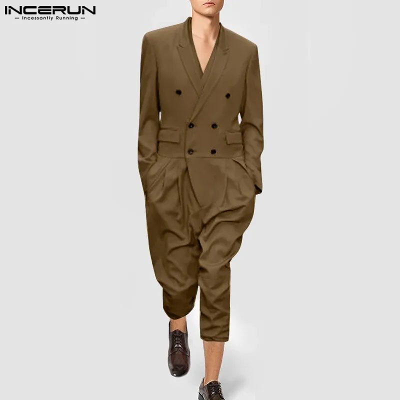 Sweaters 2023 Men Jumpsuits Solid Lapel Long Sleeve Streetwear Double Breasted Rompers Elegant Fashion Casual Men Overalls S5XL INCERUN