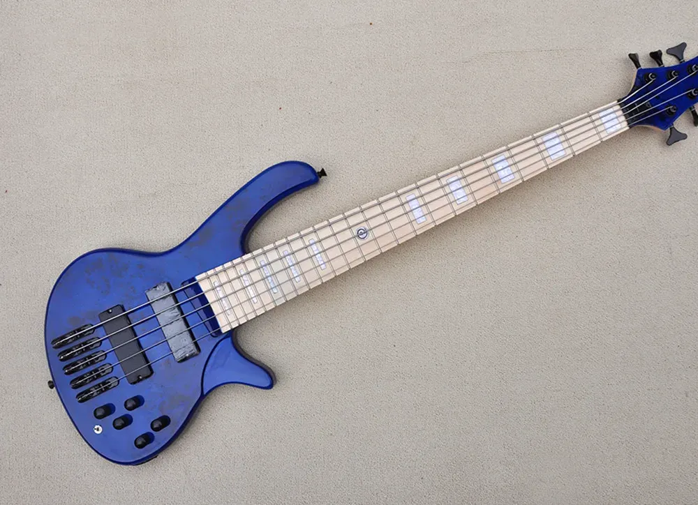 Guitar 5 Strings Blue Body Electric Bass Guitar with Black Hardware, Maple Veneer,provide Customized Service