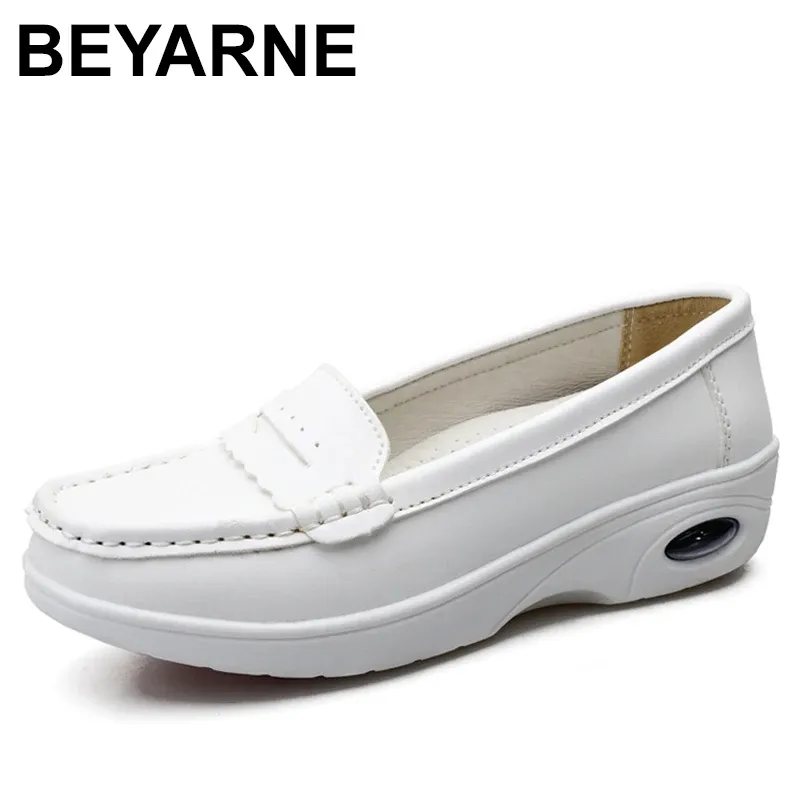 Boots BEYARNE2019 Spring Loafers Flats Women Ladies Solid White Air Cushion Nursing shoes Casual Shoes Slipon Boat Deck shoesE981