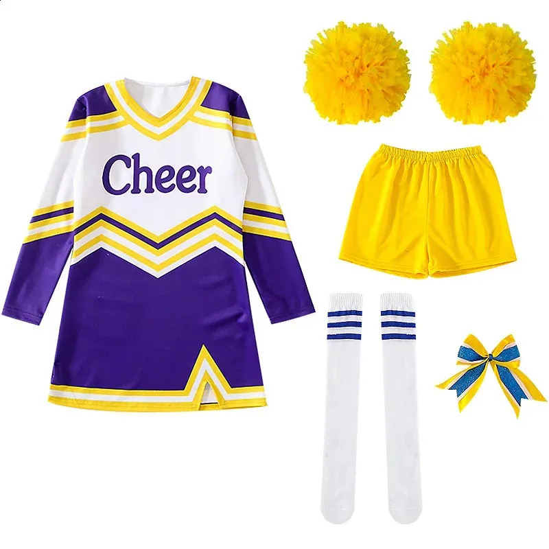 Meisjes Dames Cosplaykostuum Cheerleaderoutfits V-hals Letterprint Patchworkstijl Dansjurk met Cheerlead-pompons Sokken 240305