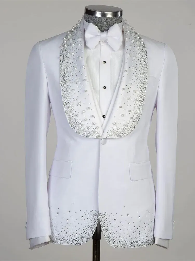 Suits Beyaz Erkekler Takım Kişisel 2 Parçalı Blazer Yelek Bir Düğme Geniş Kazan Boncuklar İnciler Elmaslar Düğün Resmi Özel Yapımı Artı Boyut
