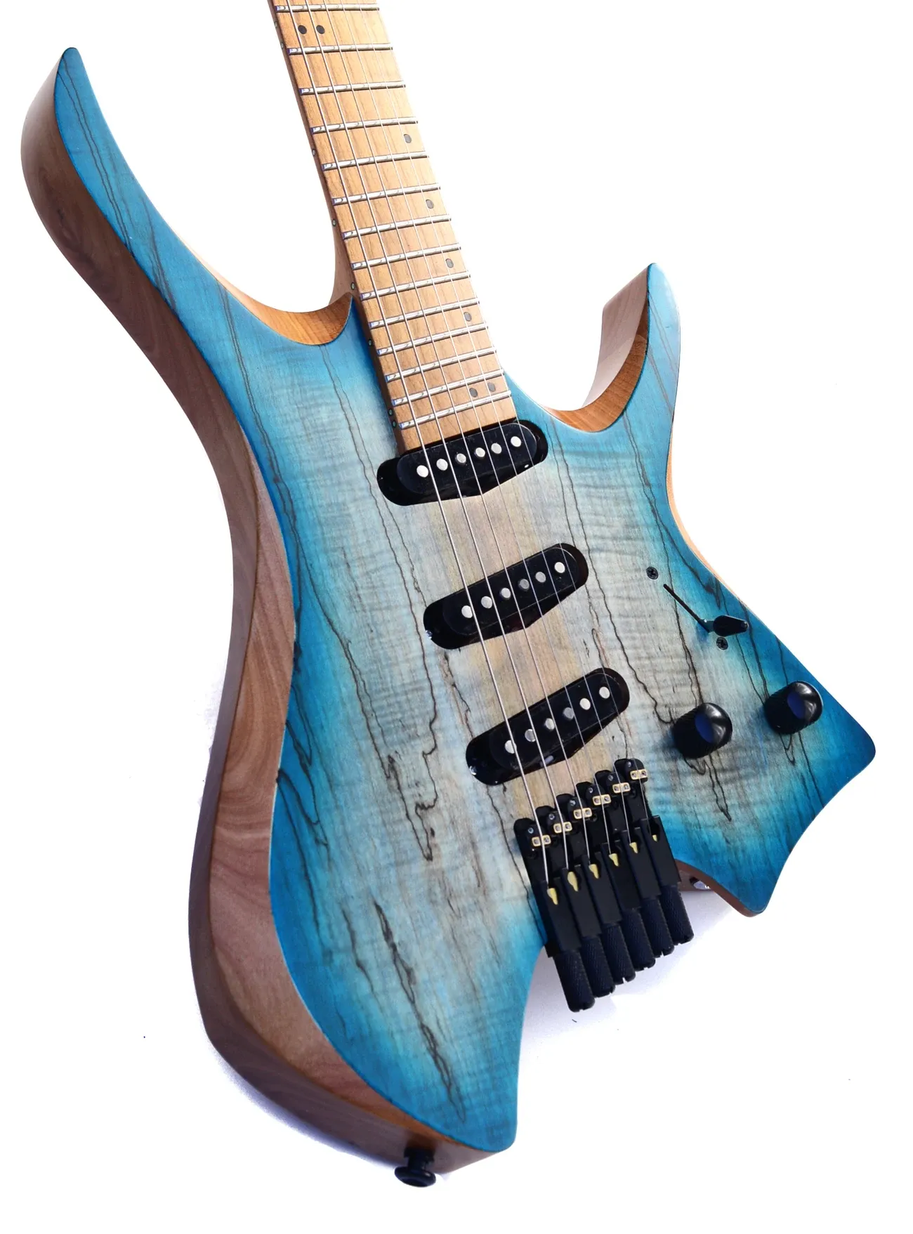 Guitare électrique sans tête 2021 Nk, frettes en éventail, 6 cordes, couleur bleue, manche en érable rôti, incrustation de patte de chat