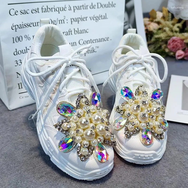 Scarpe casual da donna scarpe sportive in rete perline strass sneakers piattaforma stringata bianca Lady fai da te Lolita Sweet