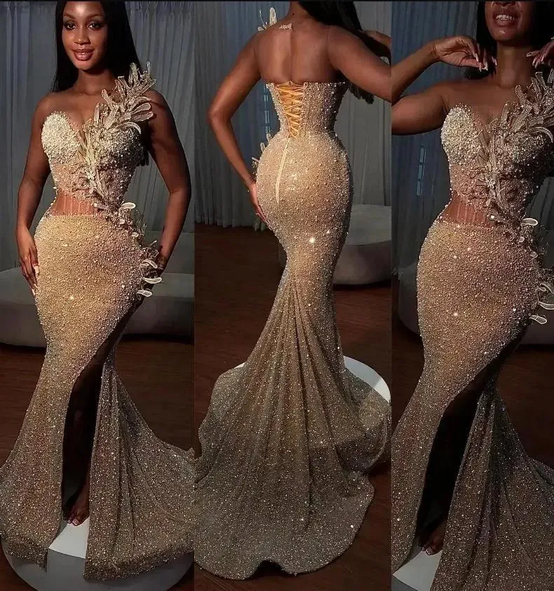 Mermaid Prom Dresses Sparkly Sequins Illusion Bodice Beaded Applique High Split Custom Made Pleats Evening Gown Formal Ocn Wear Vestidos Plus Size Bc18388