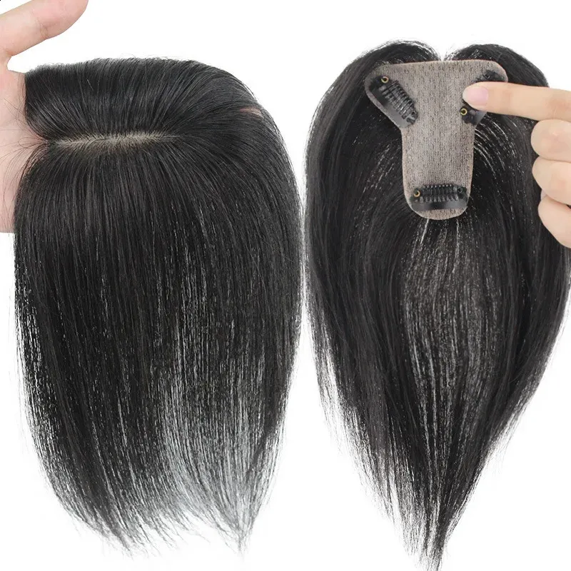 Silk Base Human Hair Topper For Women Thin Middle Part Clip i Toupee med 3D Air Bangs raka hårbågar Låter hårstycken 240314