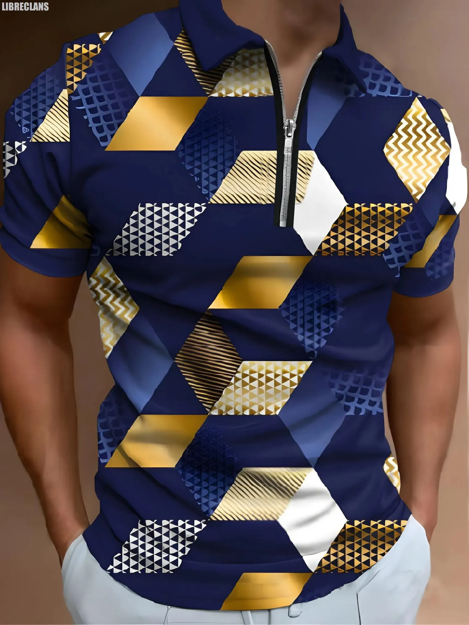 Vintage Gold Plaid Pattern 3D Printing Mens Zipper Polo Shirt Summer Fashion Short-Sleeved Top Harajuku Streetwear 240312