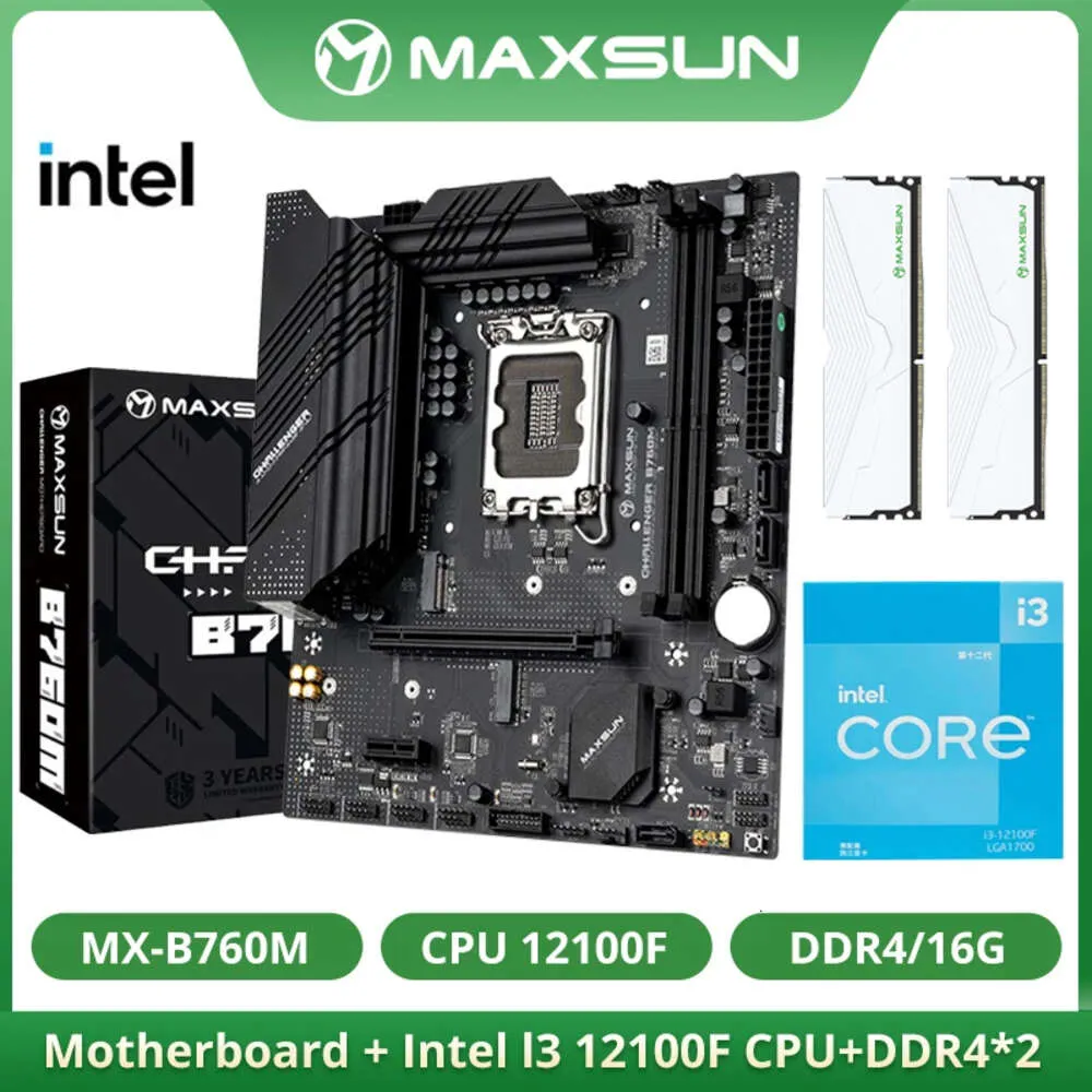 MAXSUN Nieuwe Challenger B760M met Intel I3 12100F CPU en DDR4 8G*2 3200MHz RAM Moederbord Computer combo Set DP*2 LGA1700