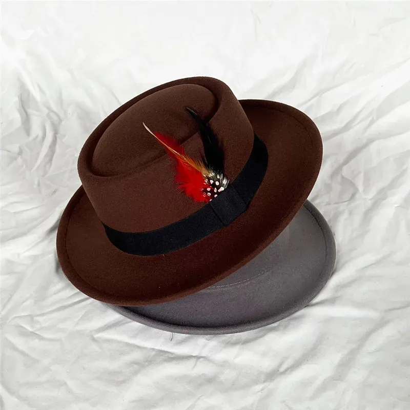 Pena pequena borda plana chapéu chapéus de feltro masculino feminino fedora boné feminino fedoras masculino trilby festa bonés