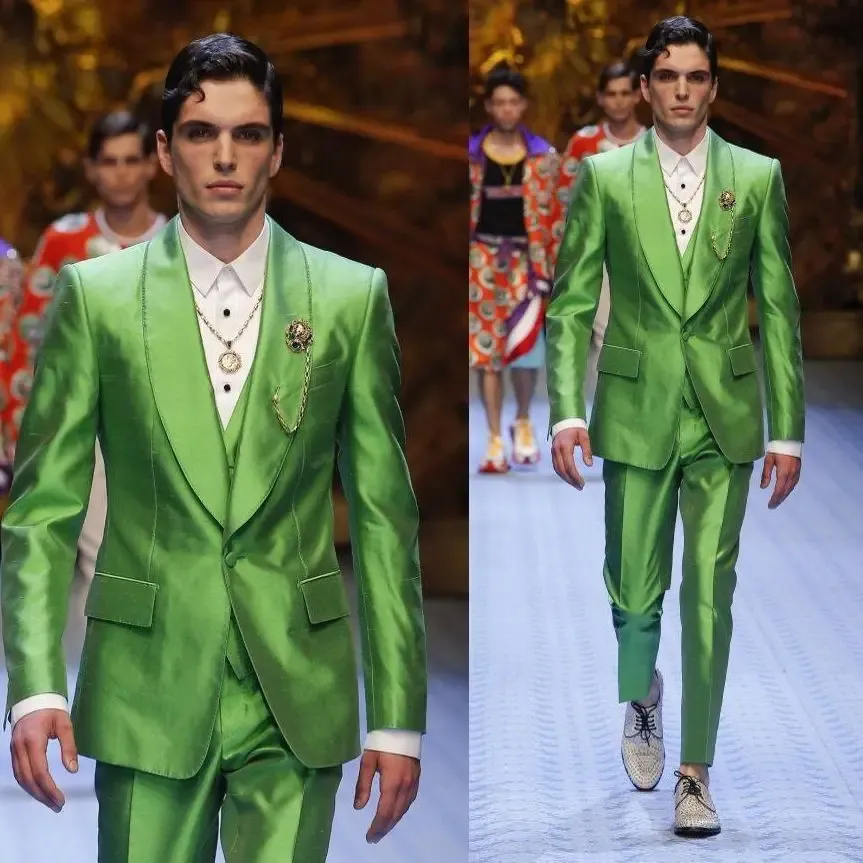 Suits Fashion Shiny Green Groom Tuxedos Excellent Men Wedding Dress Business Prom Party Dinner Holiday Suit(Jacket+Pant+Vest)