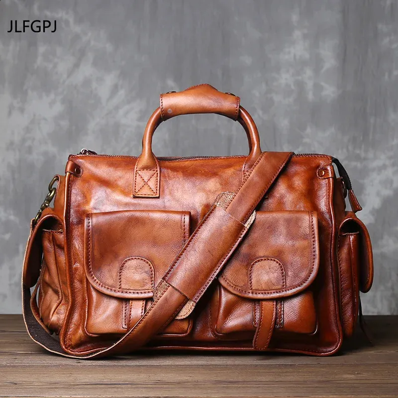 JLFGPJ Pure Hand Polished Vintage Handbag Top Layer Plant Tanned Cowhide Casual Crossbody Mens Bag Genuine Leather Computer 240311