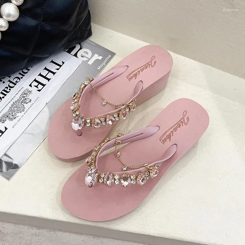 Slippers Schoenen Vrouwen Glitter Slides Op Een Wig Zomer Pantofle Platform Schalie Vrouwelijke Strand Rubberen Slippers Hakken Muilezels Zacht