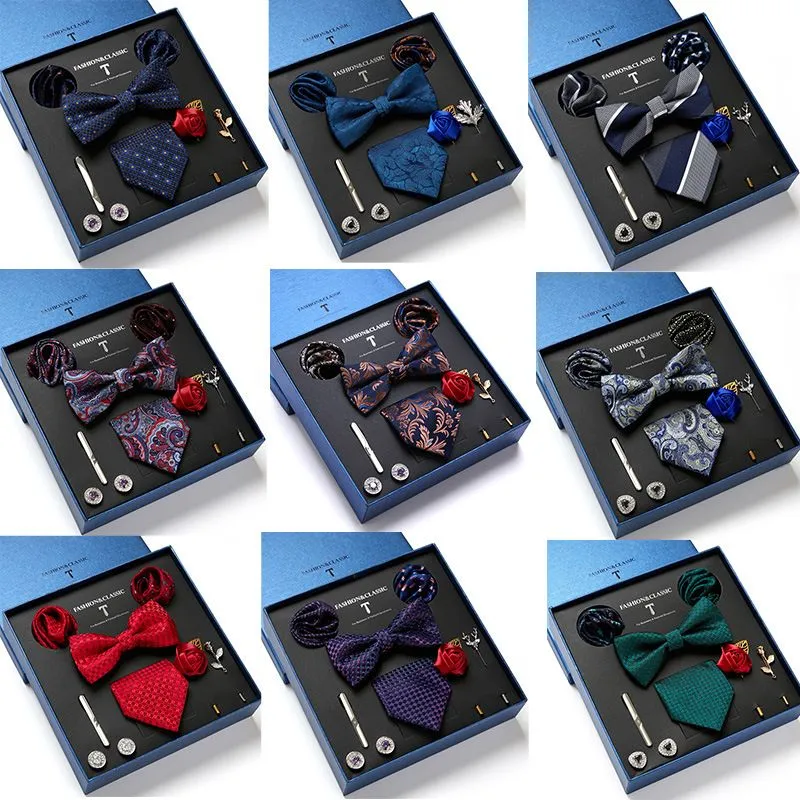 Cadeau de vacances cravate mouchoir carrés de poche ensemble de boutons de manchette boîte à cravate rayé bleu foncé poisson d'avril