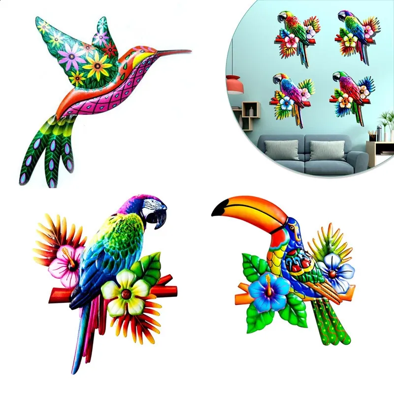 Metal Bird Home Wall Pendant Art Sculpture Outdoor Hanging Ornament Big Hummingbird Parrot For Garden Decoration 240312