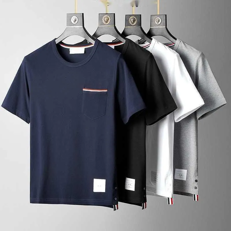 TB Marca de Moda Mens Camisetas Peito Bolso Stripe Puro Algodão Verão Em Torno Do Pescoço Manga Curta T-shirt Business Casual