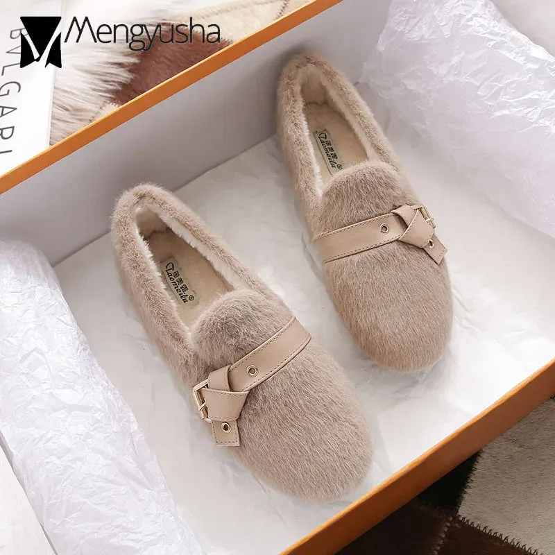 Buty 3443 Wielka rozmiar Fur Fur Flats Kobieta Zimowe ciepłe buty Kobieta Knot Pas Furry Moccasins Pluszowe bawełniane buty dla kobiet 2021