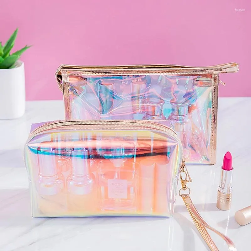 Kosmetiska väskor 1 st färgglada holografiska kvinnor väska tpu klar makeup resefodral skönhetsorganisatör påse